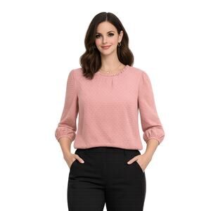 Adrianna Papell Blouse Sz L Pink Textured Dot Romantic Careerwear Feminine EUC